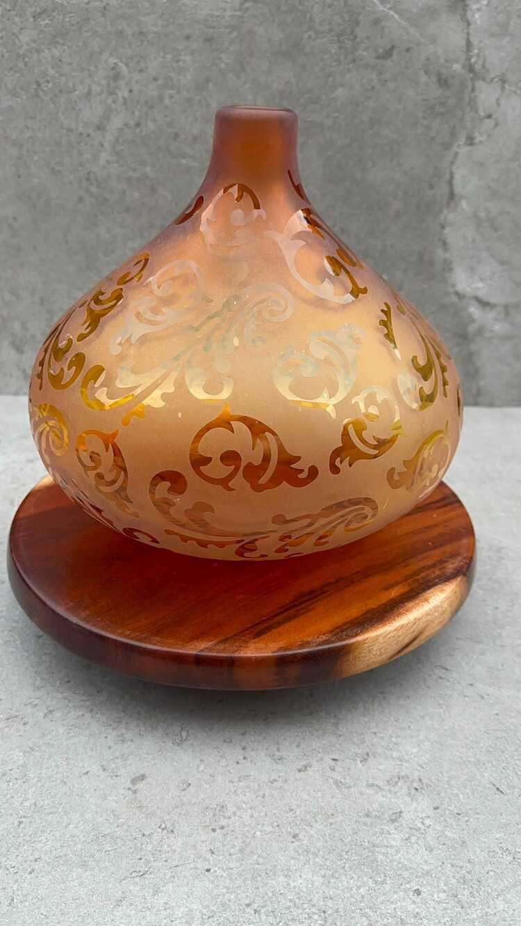 Vintage Etched Amber Glass Vase with Gold Scroll Damask Pattern | Satin Finish B